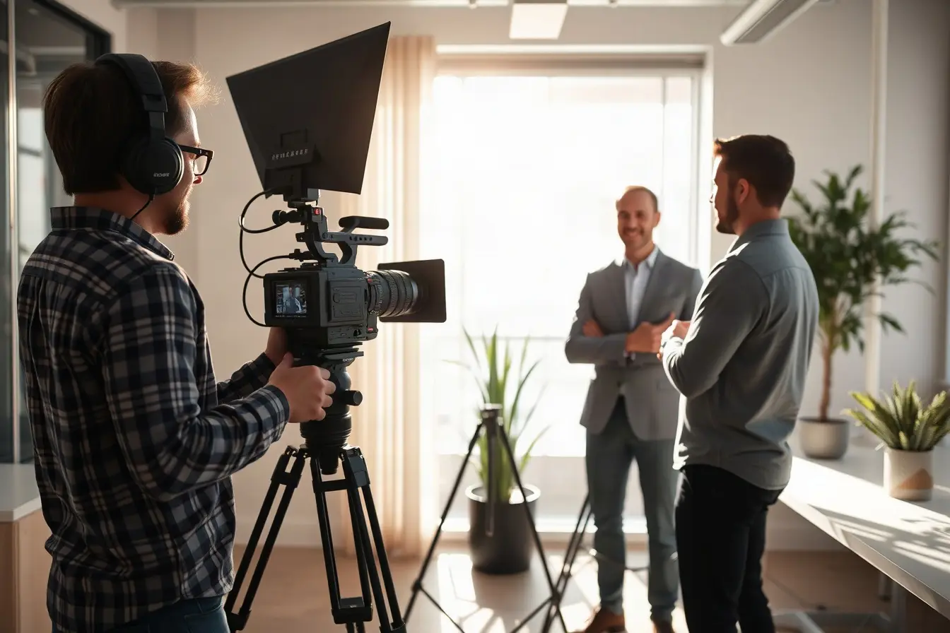 Video crew filming a client interview in a sunlit Los Angeles office