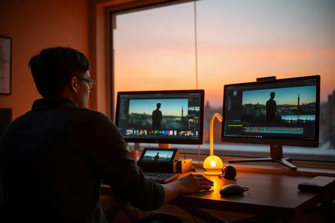 Professional video editing suite at dusk