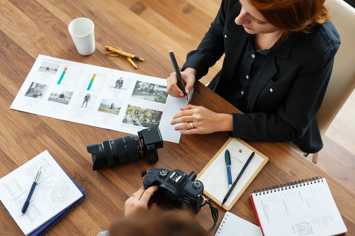 Creative producers reviewing a storyboard and shot list at a wooden table